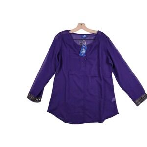 Modern Moda Women's Size Large Purple Sheer V Neck‎ Button Shirt New